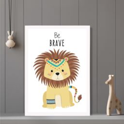 ARTZE Be Brave Lion Tribal Animal Quote Framed Print SIZE: A2 with White Frame in Yellow - Size: A4 - thumbnail 2