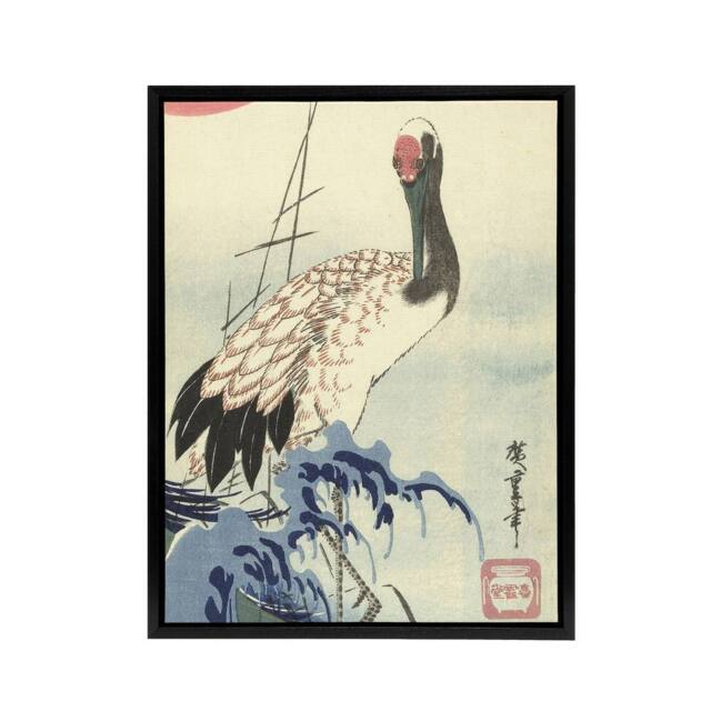 "Artery8 Hiroshige Crane & Surf Wave Framed Canvas Japanese Wall Art Print in Blue - Size: W12"" x H16""" - image 1