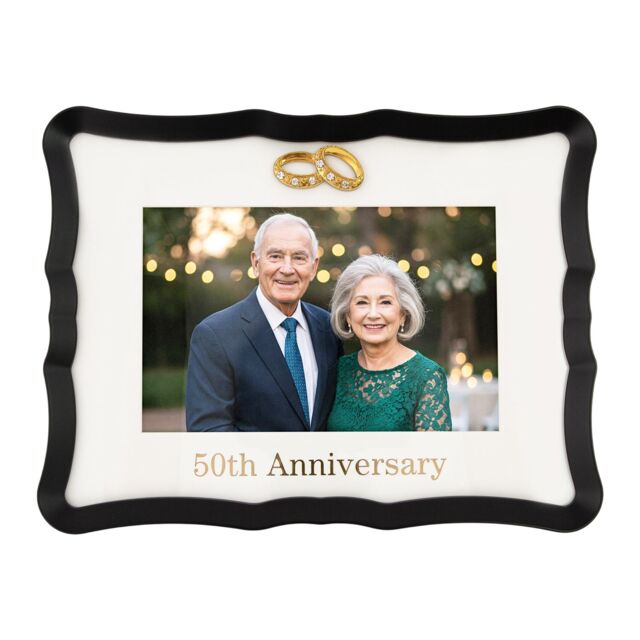 Happy Homewares 50th Anniversary Landscape 4x6 Frame with Gold Text & Gold Rings - image 1