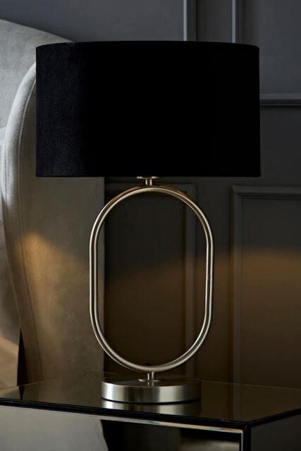 ValueLights Antonia Black Velvet Drum Lamp Shade Brushed Chrome Oval Table Lamp in Silver - image 1