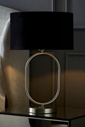 ValueLights Antonia Black Velvet Drum Lamp Shade Brushed Chrome Oval Table Lamp in Silver