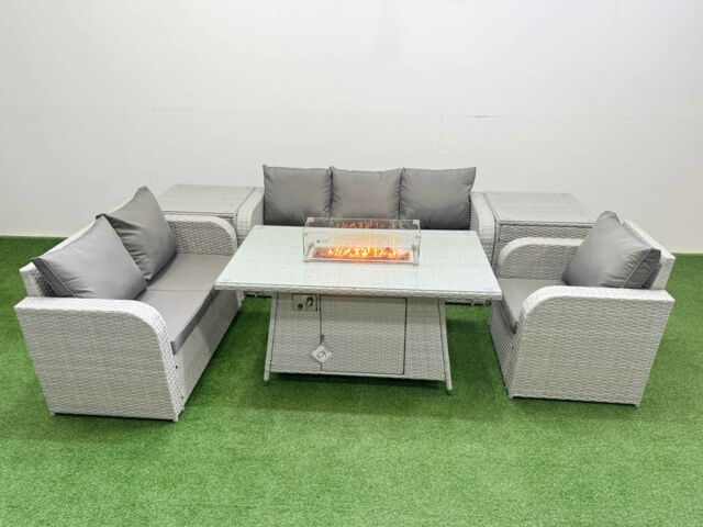 Fimous Patio PE Wicker 6 Seater Outdoor Rattan Furniture Sofa Sets w/ Firepit Dining Table Reclining Chair Loveseat Sofa 3 Seater Sofa 2 Side Table - image 1