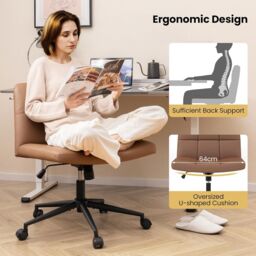 Gymax Upholstered Cross Leg Office Chair Oversized Vanity Chair With Wheels in Brown - thumbnail 2