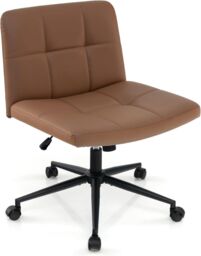 Gymax Upholstered Cross Leg Office Chair Oversized Vanity Chair With Wheels in Brown