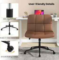 Gymax Upholstered Cross Leg Office Chair Oversized Vanity Chair With Wheels in Brown - thumbnail 6