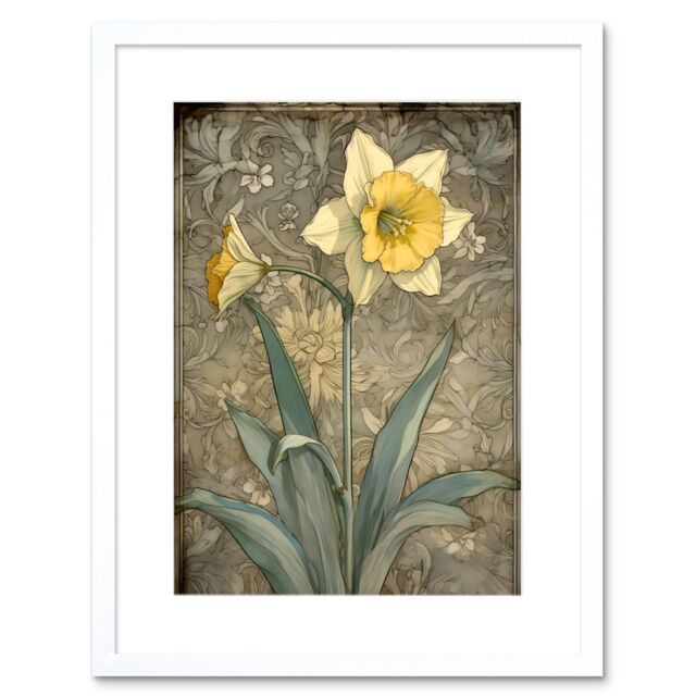 "Artery8 Wall Art Print Daffodil Flower Pastel Watercolour Art Nouveau Artwork Framed 9X7 Inch in White - Size: W7"" x H9""" - image 1