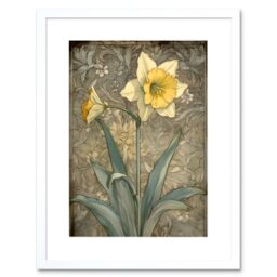 "Artery8 Wall Art Print Daffodil Flower Pastel Watercolour Art Nouveau Artwork Framed 9X7 Inch in White - Size: W7"" x H9""" - thumbnail 1