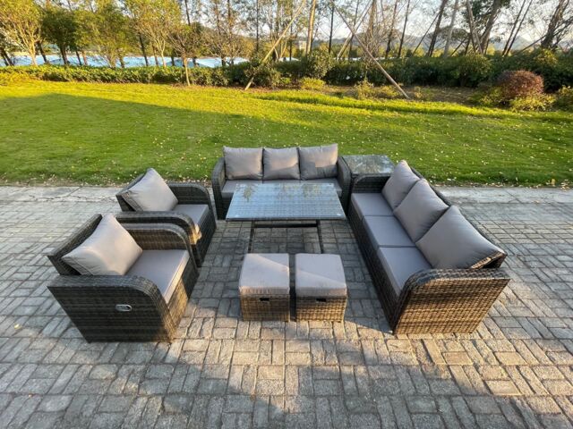 Fimous 10 Seater Rattan Outdoor Garden Furniture Sofa Set Patio Table & Chairs Set with 3 Seater Sofa Rectangular Dining Table Side Table in Dark Grey - image 1
