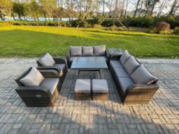 Fimous 10 Seater Rattan Outdoor Garden Furniture Sofa Set Patio Table & Chairs Set with 3 Seater Sofa Rectangular Dining Table Side Table in Dark Grey - thumbnail 1