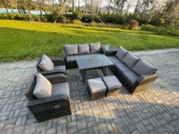 Fimous 10 Seater Rattan Outdoor Garden Furniture Sofa Set Patio Table & Chairs Set with 3 Seater Sofa Rectangular Dining Table Side Table in Dark Grey - thumbnail 2