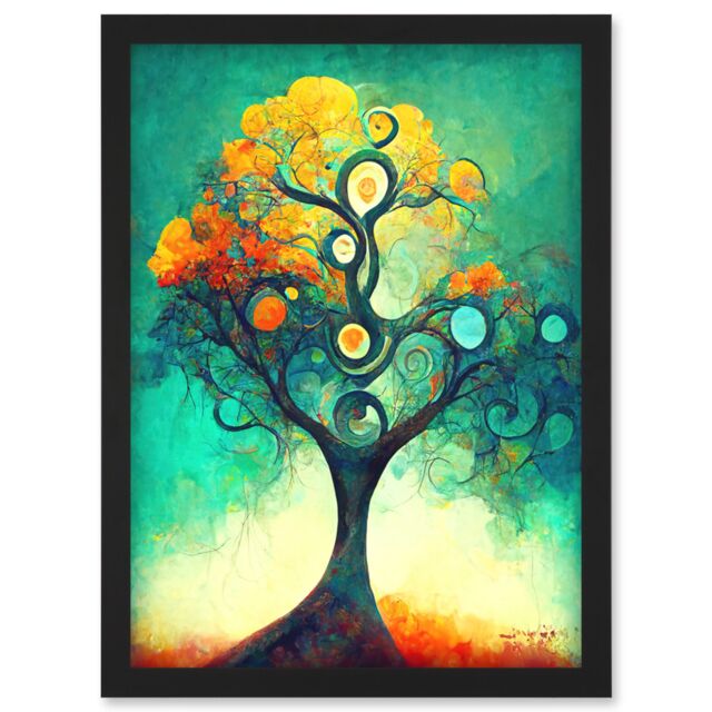 Artery8 Klimt Inspired Luminous Abstract Autumn Fall Tree Artwork Framed Wall Art Print A4 in Black - image 1