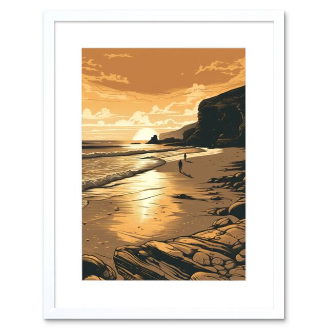 "Artery8 Wall Art Print Couple walking on the Beach at Sunset Artwork Framed 9X7 Inch in White - Size: W7"" x H9""" - image 1