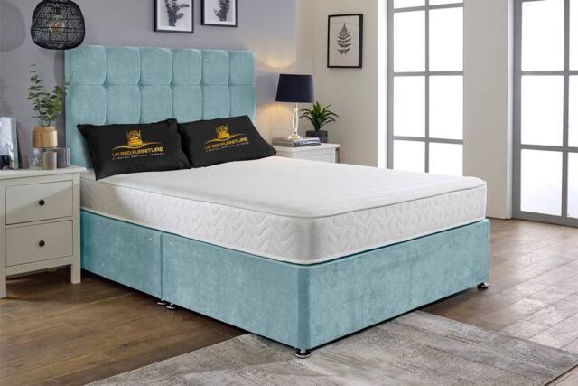 UK Bed Furniture Senator Divan Bed Base with 26 Inch Headboard - No Storage in Light Blue - Size: Single - image 1
