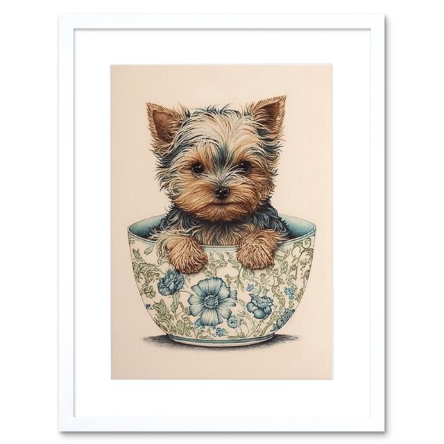 "Artery8 Wall Art Print Cute Teacup Yorkshire Terrier Dog in Floral Pattern Tea Cup Watercolour Artwork Framed 9X7 Inch in White - Size: W7"" x H9""" - image 1