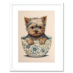 "Artery8 Wall Art Print Cute Teacup Yorkshire Terrier Dog in Floral Pattern Tea Cup Watercolour Artwork Framed 9X7 Inch in White - Size: W7"" x H9""" - thumbnail 1
