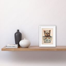 "Artery8 Wall Art Print Cute Teacup Yorkshire Terrier Dog in Floral Pattern Tea Cup Watercolour Artwork Framed 9X7 Inch in White - Size: W7"" x H9""" - thumbnail 2