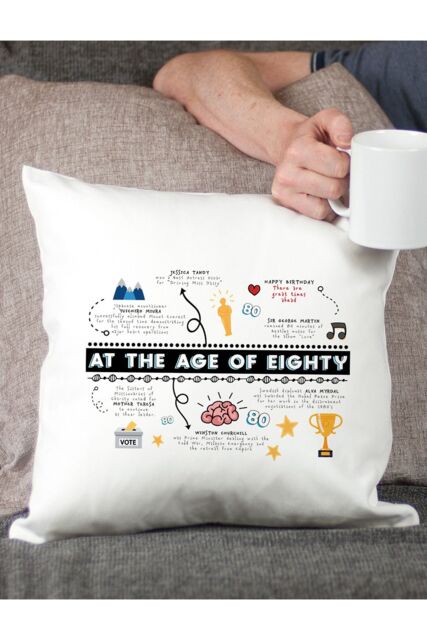 Afewhometruths 80th Birthday Fun Facts Cushion Gift in Off-White - Size: 40 cm x 40 cm