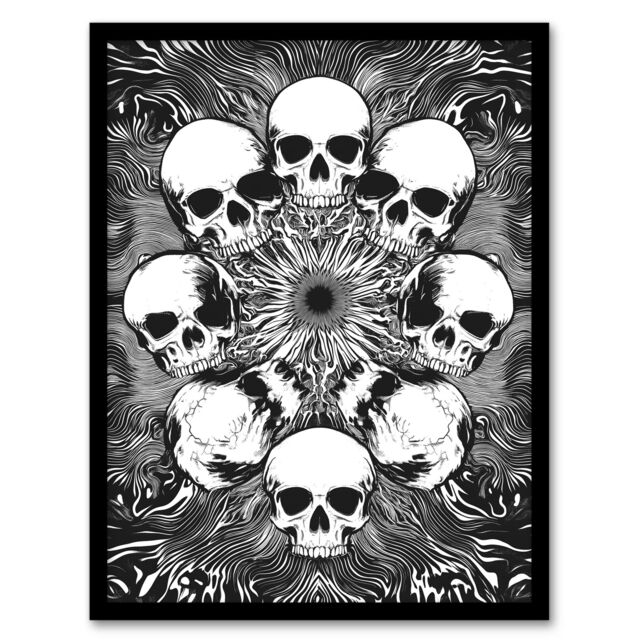 Artery8 Human Skull Ring Voodoo Circle Trippy Black White Framed Art Print - Size: A4 - image 1