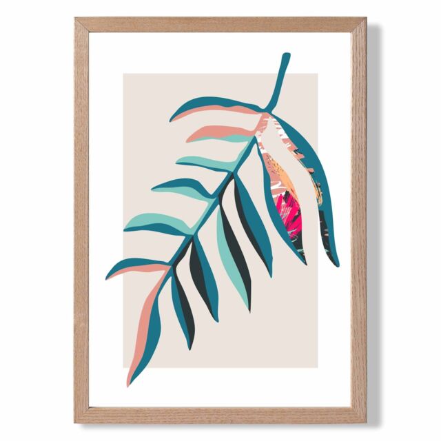 ARTZE Tropical Leaf Blue & Pink Boho Botanical Framed Print SIZE: A4 with Oak Frame in Mid Blue - image 1