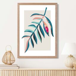 ARTZE Tropical Leaf Blue & Pink Boho Botanical Framed Print SIZE: A4 with Oak Frame in Mid Blue - thumbnail 2
