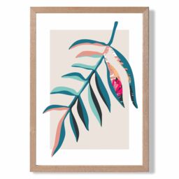 ARTZE Tropical Leaf Blue & Pink Boho Botanical Framed Print SIZE: A4 with Oak Frame in Mid Blue - thumbnail 1