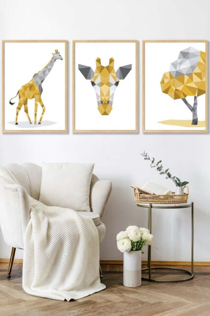 ARTZE Geometric Yellow Grey Giraffe Set Framed Wall Art - Large in Light Oak - Size: W53 cm x H73 cm x D20mm - image 1