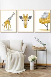 ARTZE Geometric Yellow Grey Giraffe Set Framed Wall Art - Large in Light Oak - Size: W53 cm x H73 cm x D20mm - thumbnail 1