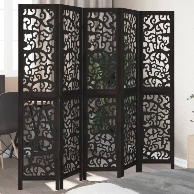 Berkfield Home Room Divider 5 Panels Black Solid Wood Paulownia - image 1
