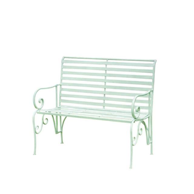 Melody Maison Sage Green Metal Ornate Distressed Garden Bench - 100cm X 92cm - Size: 100 cm X 92 cm - image 1