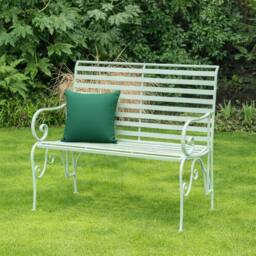 Melody Maison Sage Green Metal Ornate Distressed Garden Bench - 100cm X 92cm - Size: 100 cm X 92 cm - thumbnail 4