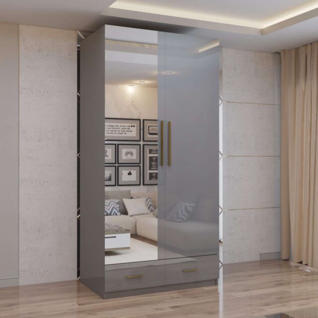MN Furniture High Gloss 2 Door Hinged Wardrobe with Mirror & Drawers 90cm in Grey - image 1
