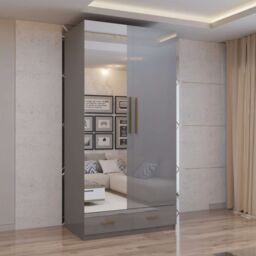 MN Furniture High Gloss 2 Door Hinged Wardrobe with Mirror & Drawers 90cm in Grey - thumbnail 1