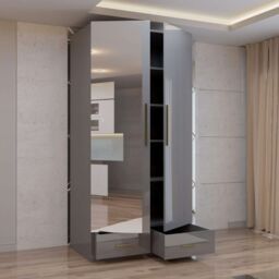 MN Furniture High Gloss 2 Door Hinged Wardrobe with Mirror & Drawers 90cm in Grey - thumbnail 3