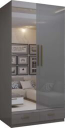 MN Furniture High Gloss 2 Door Hinged Wardrobe with Mirror & Drawers 90cm in Grey - thumbnail 2
