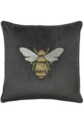 Paoletti Hortus Embroidered Bee Soft Velvet Pipe Trimmed Cushion in Charcoal - Size: 50 cm x 50 cm - thumbnail 1