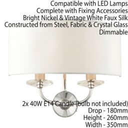 Loops Dimmable Twin Wall Light Nickel & White Fabric Shade Curved Arm Lamp Fitting in Metallics - thumbnail 2
