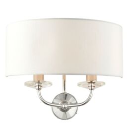 Loops Dimmable Twin Wall Light Nickel & White Fabric Shade Curved Arm Lamp Fitting in Metallics