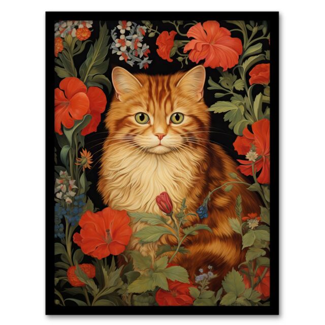 Artery8 Wall Art Print Stylish Ginger Striped Kitten Cat Red Amidst The Flowers Floral Design Art Framed in Black - Size: A4 - image 1