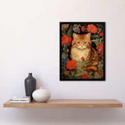Artery8 Wall Art Print Stylish Ginger Striped Kitten Cat Red Amidst The Flowers Floral Design Art Framed in Black - Size: A4 - thumbnail 4