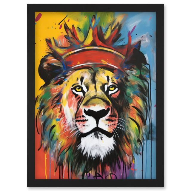 Artery8 King of the Jungle Lion with Crown Modern Pop Art Artwork Framed Wall Art Print A4 in Black - image 1