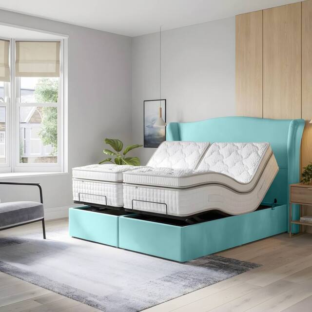 PARADISE BEDS LTD Orthopaedic Electric Adjustable Bed Set With Mattress & Headboard in Teal - Size: Small Single - image 1