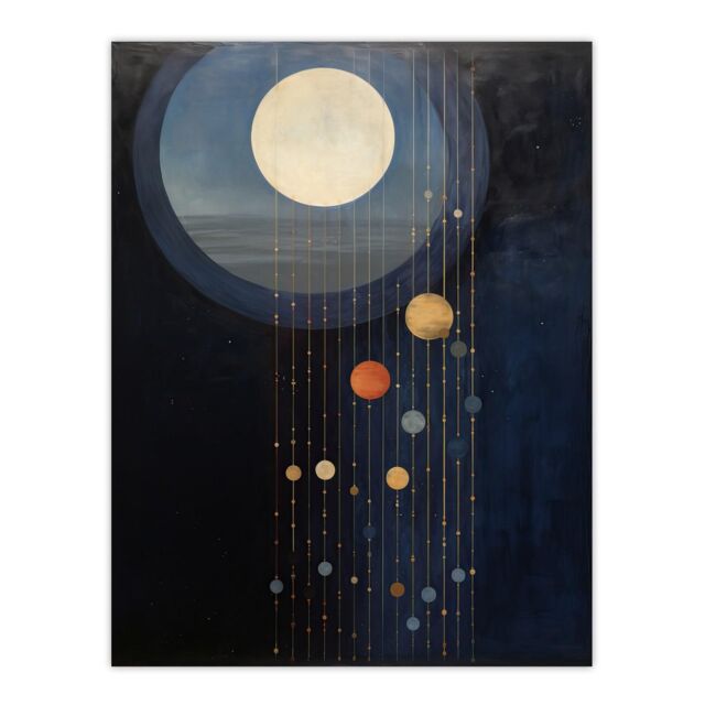 "Wee Blue Coo Wall Art Print Lost In Space Dreams Planet Strings Blue Orange Surreal Oil Painting Poster in Dark Blue - Size: W24"" x H32""" - image 1