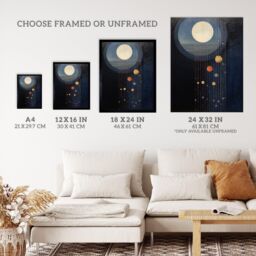 "Wee Blue Coo Wall Art Print Lost In Space Dreams Planet Strings Blue Orange Surreal Oil Painting Poster in Dark Blue - Size: W24"" x H32""" - thumbnail 3