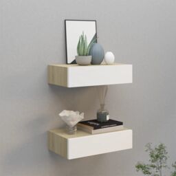 Berkfield Home Wall Drawer Shelves 2 pcs Oak & White 40x23.5x10cm MDF in Brown - Size: 40x23.5x10 cm - thumbnail 1