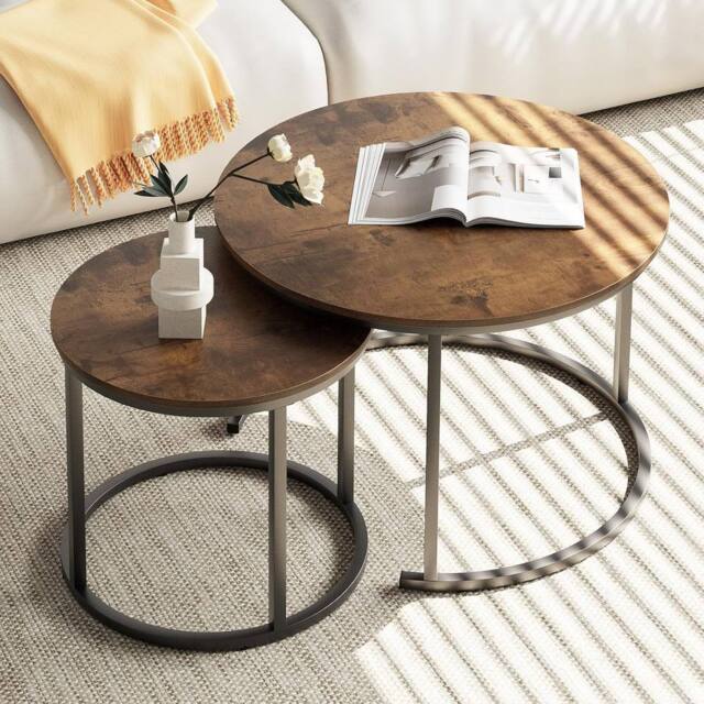 Huhote Round Nesting Coffee Tables Set of 2 End Side Table with Metal Frame in Brown - image 1