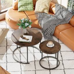 Huhote Round Nesting Coffee Tables Set of 2 End Side Table with Metal Frame in Brown - thumbnail 3