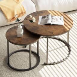 Huhote Round Nesting Coffee Tables Set of 2 End Side Table with Metal Frame in Brown