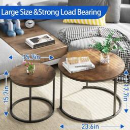 Huhote Round Nesting Coffee Tables Set of 2 End Side Table with Metal Frame in Brown - thumbnail 2
