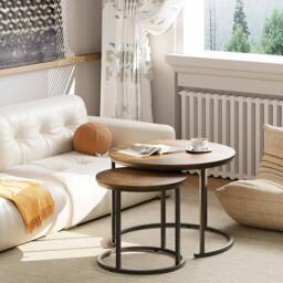 Huhote Round Nesting Coffee Tables Set of 2 End Side Table with Metal Frame in Brown - thumbnail 4