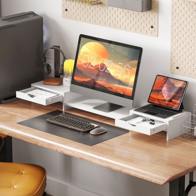 HOMCOM Dual Monitor Stand Riser with Adjustable Length & Angle in White - image 1
